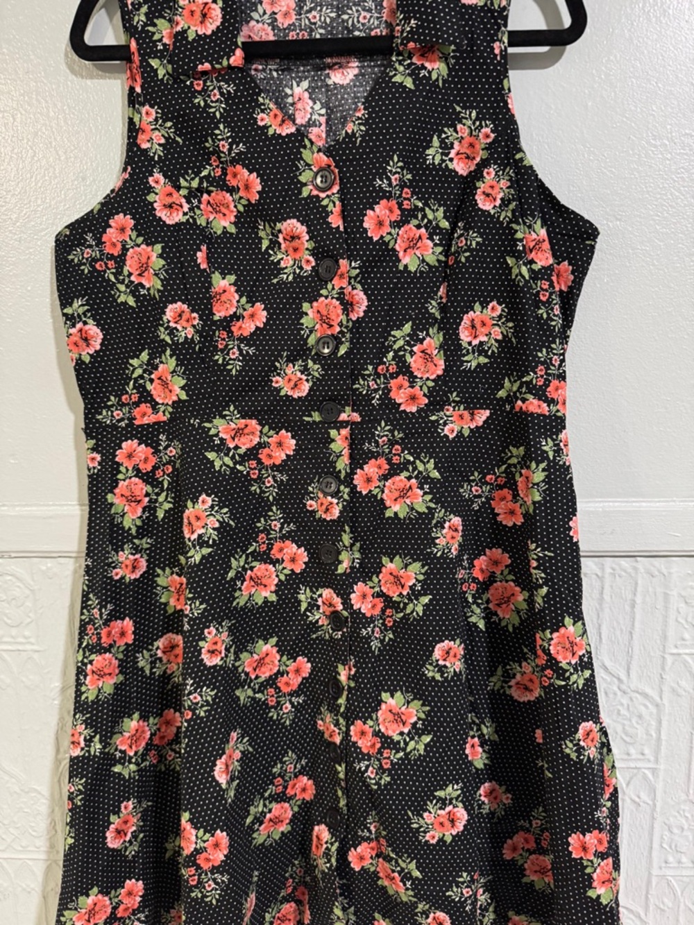 Black Floral Button Front Sleeveless Dress with Pink Flowers